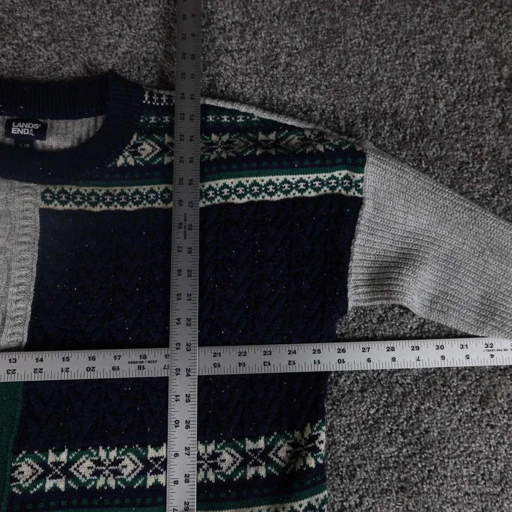 Lands' End Women's Large Patchwork Cable Knit Sweater Green Navy Gray Fair Isle